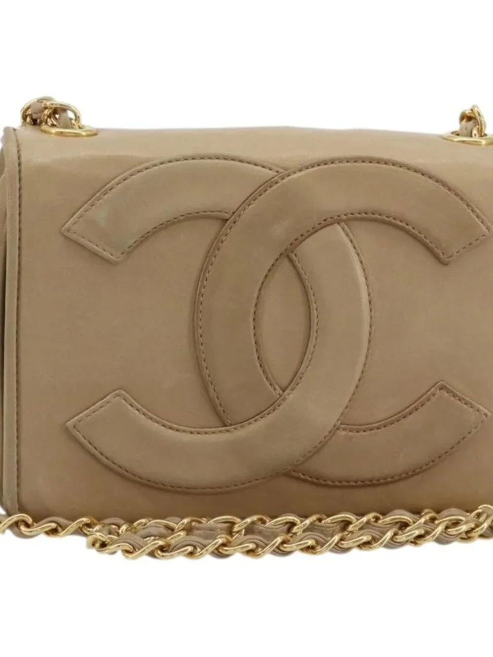 CHANEL Matelasse Chain Shoulder Bag Lamb Skin Beige Gold CC Auth ka4478V